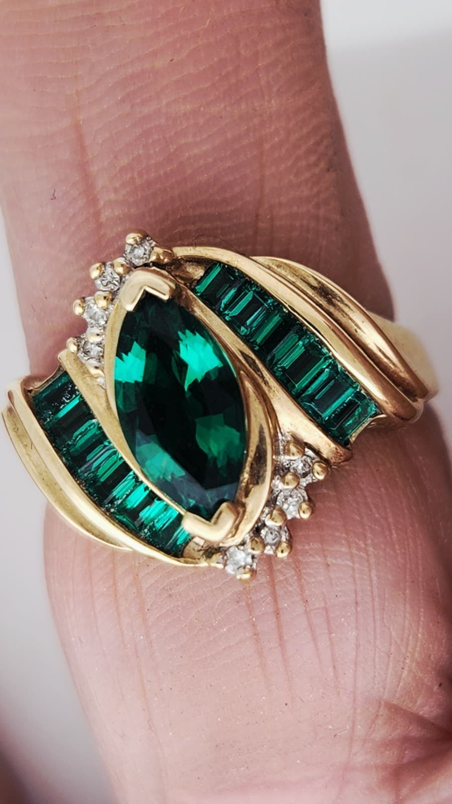 Vintage 10k Yellow Gold Marquise Synthetic Chrome Diopside Diamond Bypass Ring - Thumbnail 6