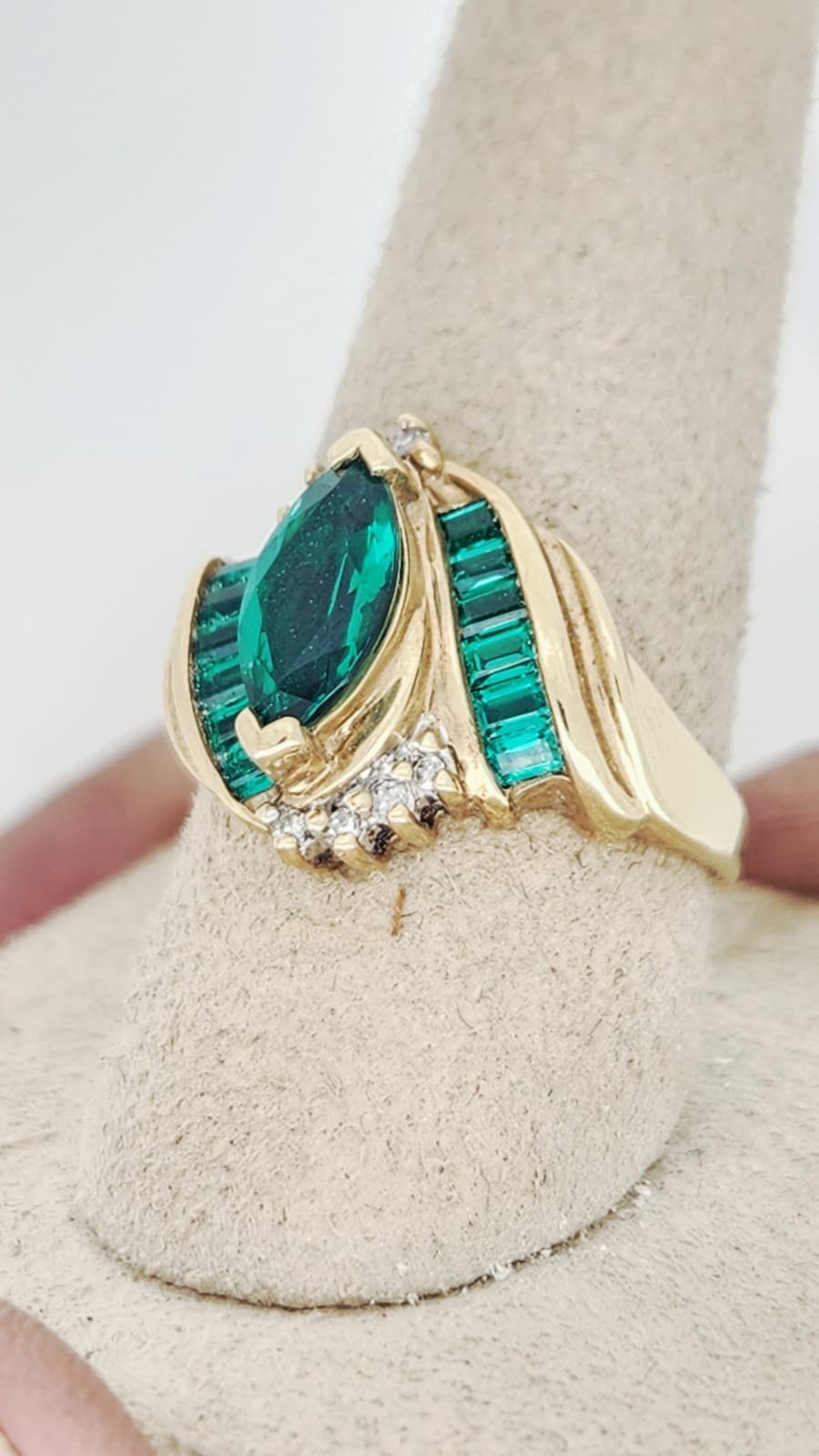 Vintage 10k Yellow Gold Marquise Synthetic Chrome Diopside Diamond Bypass Ring - Thumbnail 10