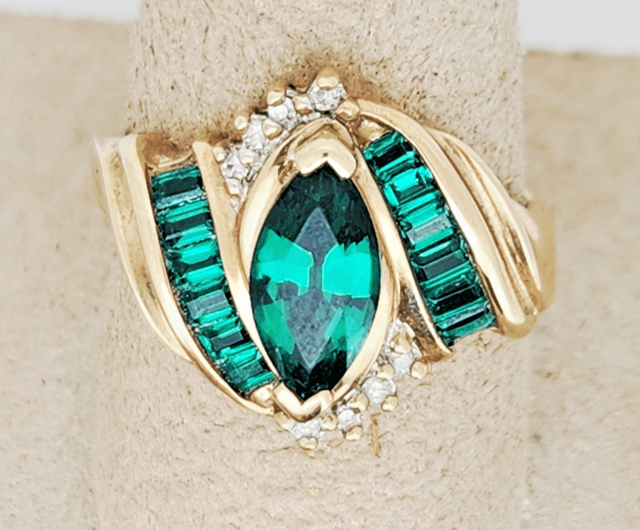 Vintage 10k Yellow Gold Marquise Synthetic Chrome Diopside Diamond Bypass Ring - Thumbnail 11