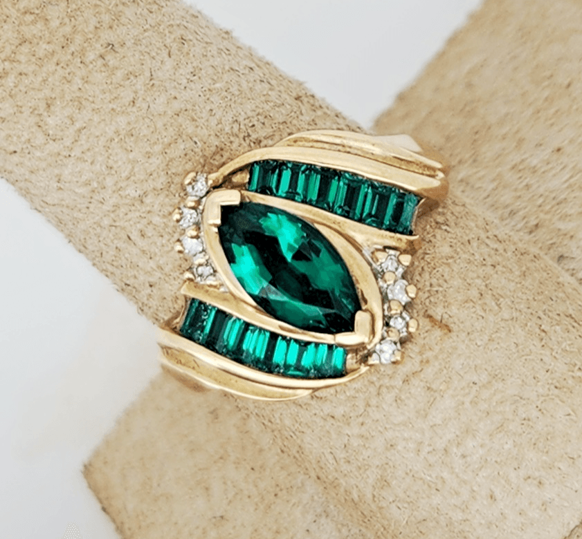 Vintage 10k Yellow Gold Marquise Synthetic Chrome Diopside Diamond Bypass Ring - Thumbnail 3