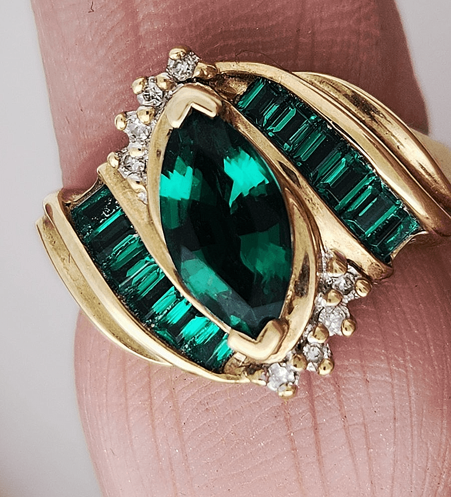 Vintage 10k Yellow Gold Marquise Synthetic Chrome Diopside Diamond Bypass Ring - Thumbnail 7