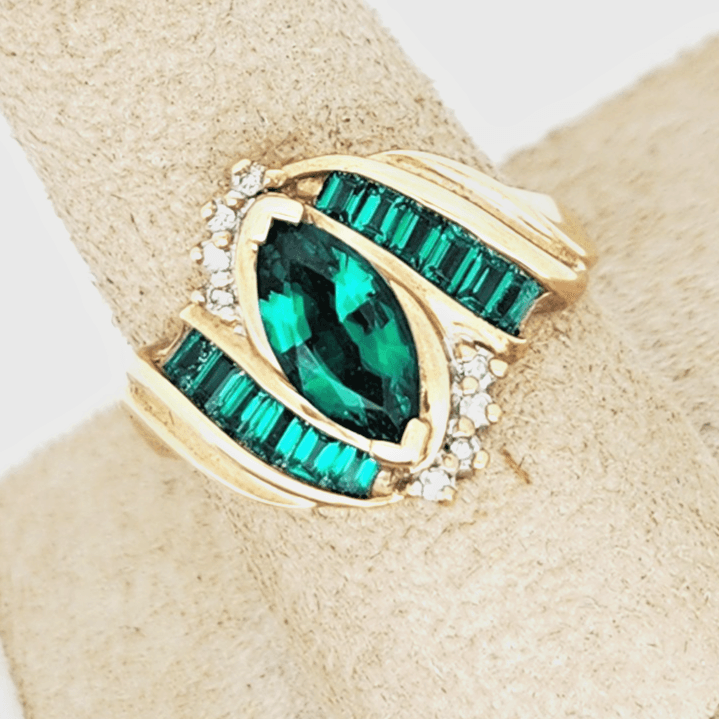 Vintage 10k Yellow Gold Marquise Synthetic Chrome Diopside Diamond Bypass Ring - Thumbnail 2