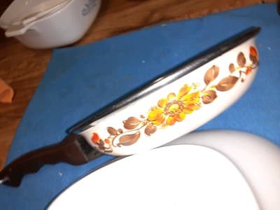Vintage Moneta Enamel Porcelain small Frying Cooking Pan Brown Orange Flowers - Image 1
