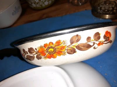 Vintage Moneta Enamel Porcelain small Frying Cooking Pan Brown Orange Flowers - Thumbnail 2
