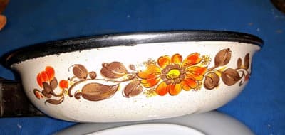 Vintage Moneta Enamel Porcelain small Frying Cooking Pan Brown Orange Flowers - Thumbnail 3