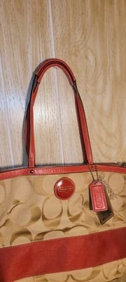 Coach Signature Stripe Tote Bag Khaki Pink Canvas with Leather Trim Shoulder - Thumbnail 4