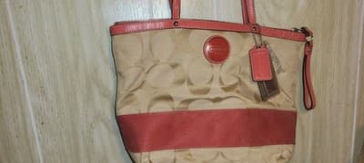 Coach Signature Stripe Tote Bag Khaki Pink Canvas with Leather Trim Shoulder - Thumbnail 5