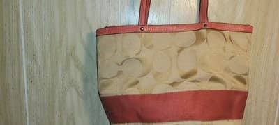 Coach Signature Stripe Tote Bag Khaki Pink Canvas with Leather Trim Shoulder - Thumbnail 10
