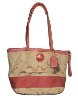 Coach Signature Stripe Tote Bag Khaki Pink Canvas with Leather Trim Shoulder - Image 1