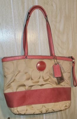 Coach Signature Stripe Tote Bag Khaki Pink Canvas with Leather Trim Shoulder - Thumbnail 6