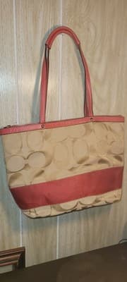 Coach Signature Stripe Tote Bag Khaki Pink Canvas with Leather Trim Shoulder - Thumbnail 9