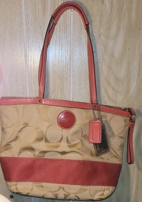 Coach Signature Stripe Tote Bag Khaki Pink Canvas with Leather Trim Shoulder - Thumbnail 3