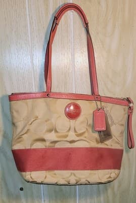 Coach Signature Stripe Tote Bag Khaki Pink Canvas with Leather Trim Shoulder - Thumbnail 2