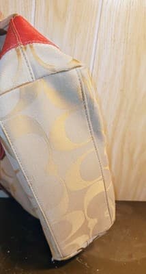 Coach Signature Stripe Tote Bag Khaki Pink Canvas with Leather Trim Shoulder - Thumbnail 11