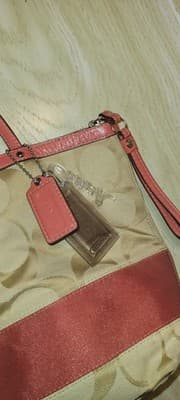 Coach Signature Stripe Tote Bag Khaki Pink Canvas with Leather Trim Shoulder - Thumbnail 7