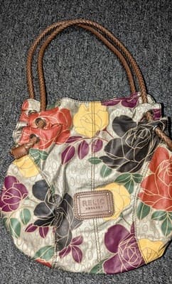 VTG Relic Brown Tropical Floral BOHO Canvas Shoulder Drawstring Bucket Bag Purse