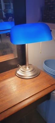 Bankers Desk Lamp Cobalt Blue Glass Shade, Silver Pedestal - Thumbnail 3