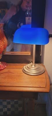 Bankers Desk Lamp Cobalt Blue Glass Shade, Silver Pedestal
