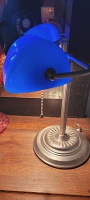 Bankers Desk Lamp Cobalt Blue Glass Shade, Silver Pedestal - Thumbnail 5