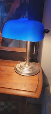 Bankers Desk Lamp Cobalt Blue Glass Shade, Silver Pedestal - Thumbnail 2