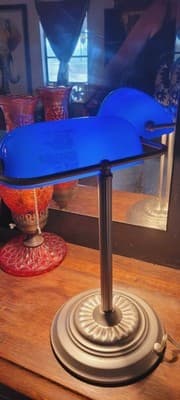Bankers Desk Lamp Cobalt Blue Glass Shade, Silver Pedestal - Thumbnail 4