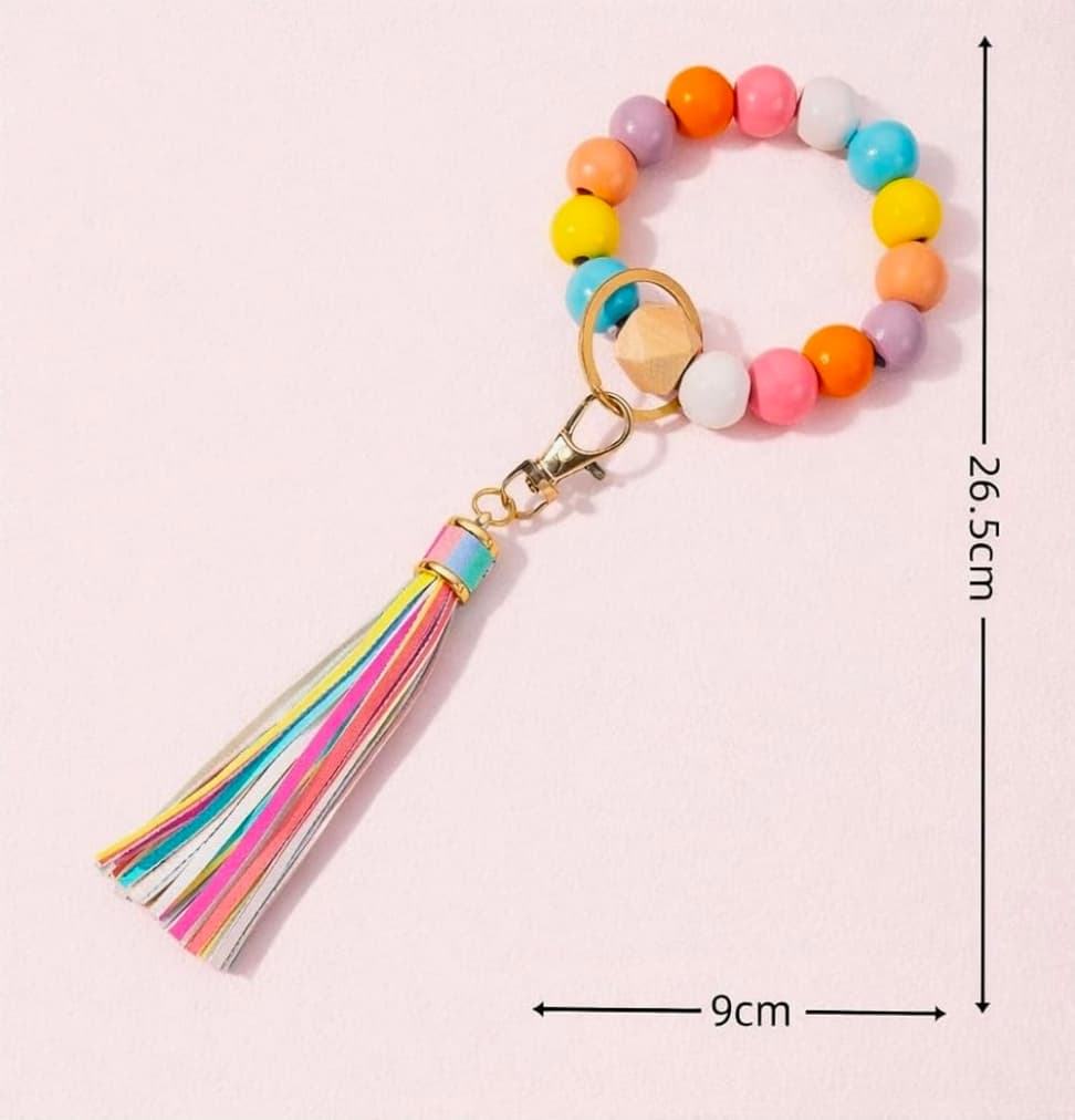 Rainbow Beaded Keychain Bracelet With Tassel Wristlet NIB - Thumbnail 2