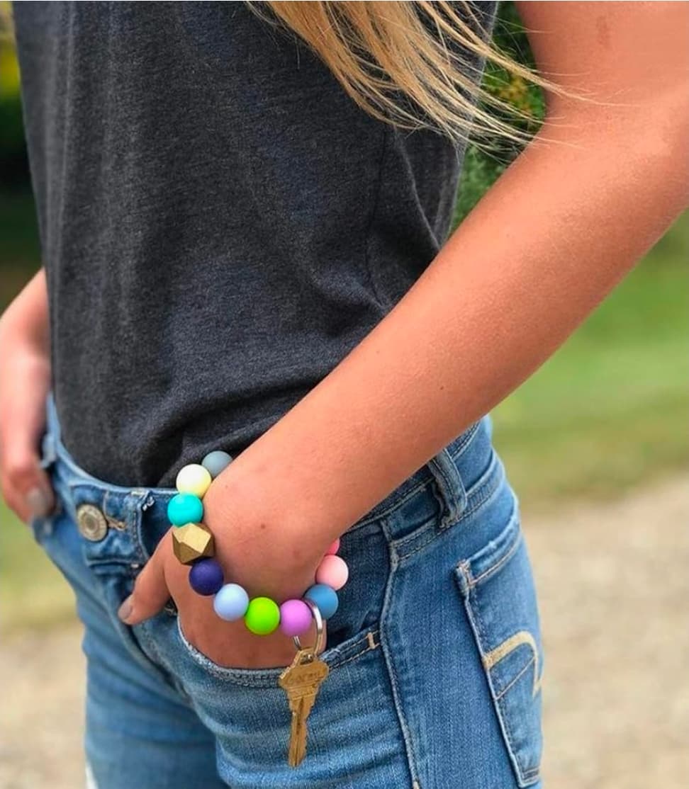 Rainbow Beaded Keychain Bracelet With Tassel Wristlet NIB - Thumbnail 3