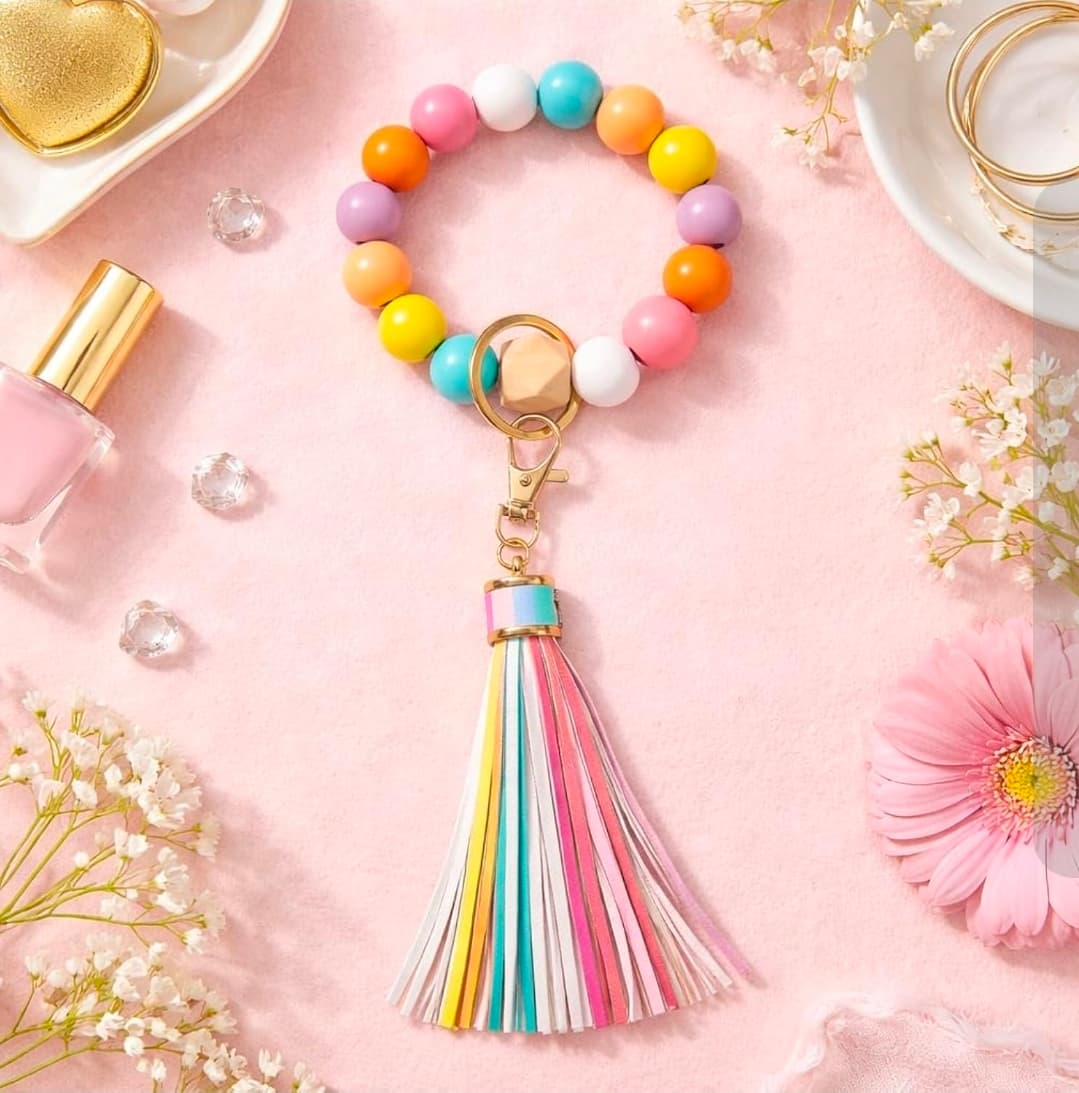 Rainbow Beaded Keychain Bracelet With Tassel Wristlet NIB - Thumbnail 7