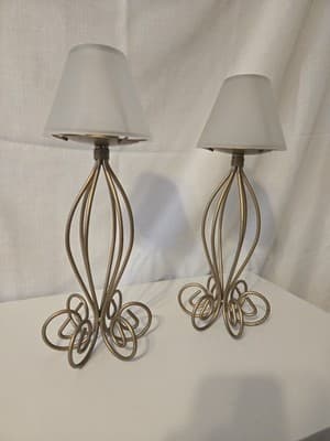 Pair of Vintage Brass Candle Holders with Frosted Glass Shades - Image 1