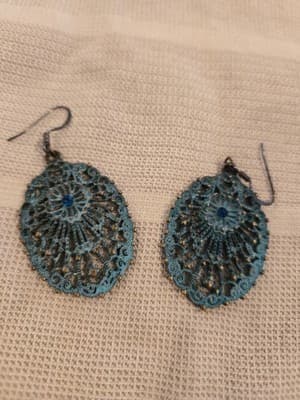 Vintage Style Filigree Blue Dangle Earrings With Gold Accent - Image 1
