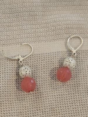 Vintage Silver Tone And Pink Bead Dangle Earrings - Image 1