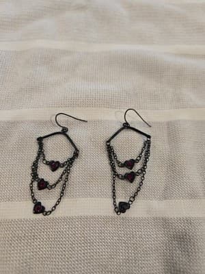Vintage Black Chain Dangle Earrings with Red Heart Accents - Image 1