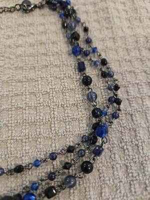 Vintage Multi-Strand Blue and Black Beaded Necklace Gold Tone Clasp - Thumbnail 2