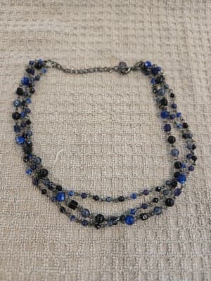 Vintage Multi-Strand Blue and Black Beaded Necklace Gold Tone Clasp - Image 1