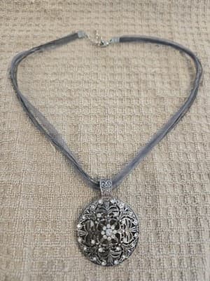 Silver Filigree Pendant Necklace with Rhinestones Vintage Style - Image 1