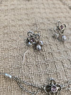 Vintage Pearl and Rhinestone Necklace and Earring Set Faux Pearl - Thumbnail 6