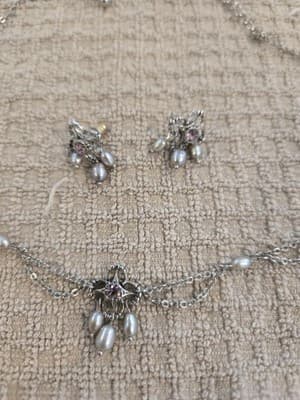 Vintage Pearl and Rhinestone Necklace and Earring Set Faux Pearl - Thumbnail 2
