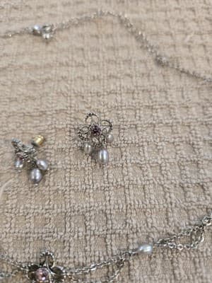 Vintage Pearl and Rhinestone Necklace and Earring Set Faux Pearl - Thumbnail 5