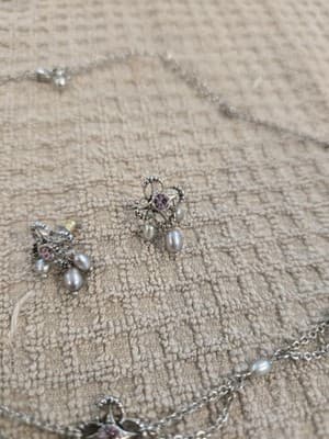 Vintage Pearl and Rhinestone Necklace and Earring Set Faux Pearl - Thumbnail 7