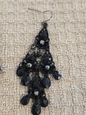 Vintage Black Beaded Chandelier Earrings Silver Tone Filigree Gothic Style - Thumbnail 3