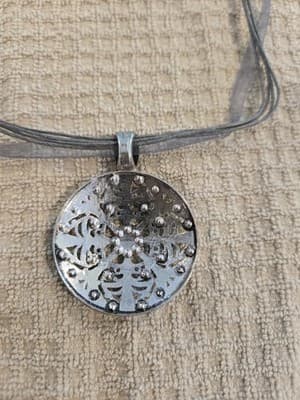 Silver Filigree Pendant Necklace with Rhinestones Vintage Style - Thumbnail 5