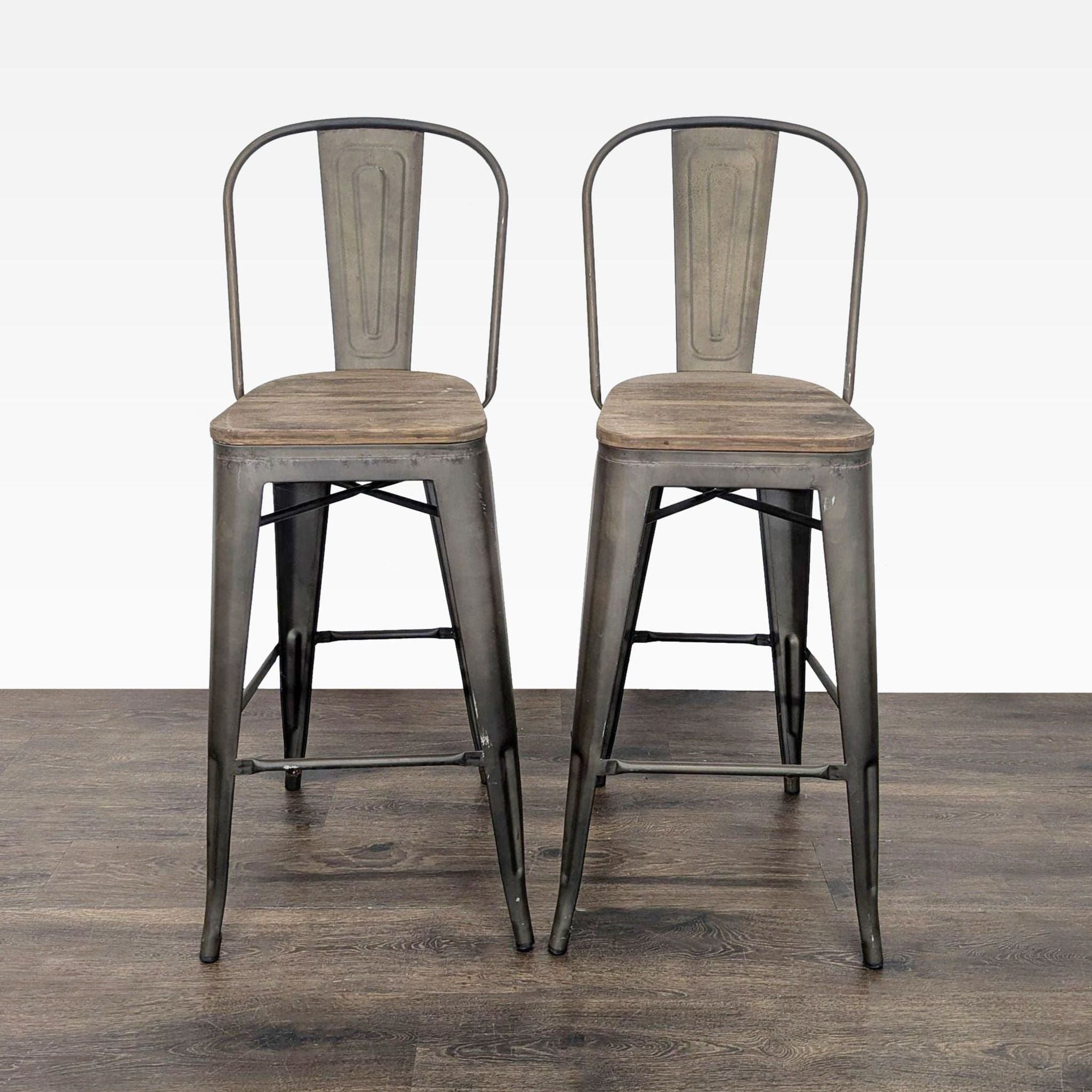 Pair of Metal Bar Stools with Wood Seats - Image 1