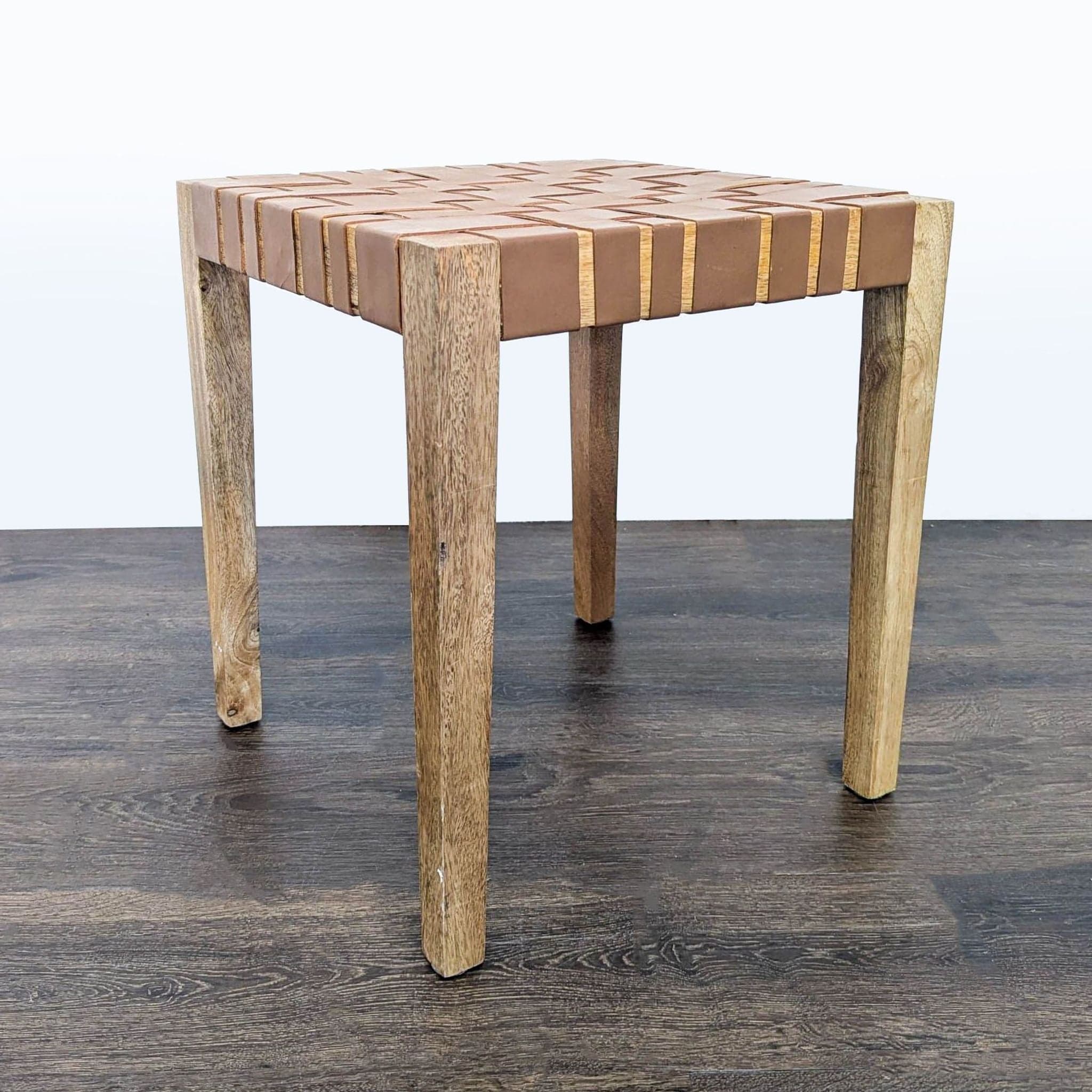 Woven Leather and Wood Stool - Thumbnail 3