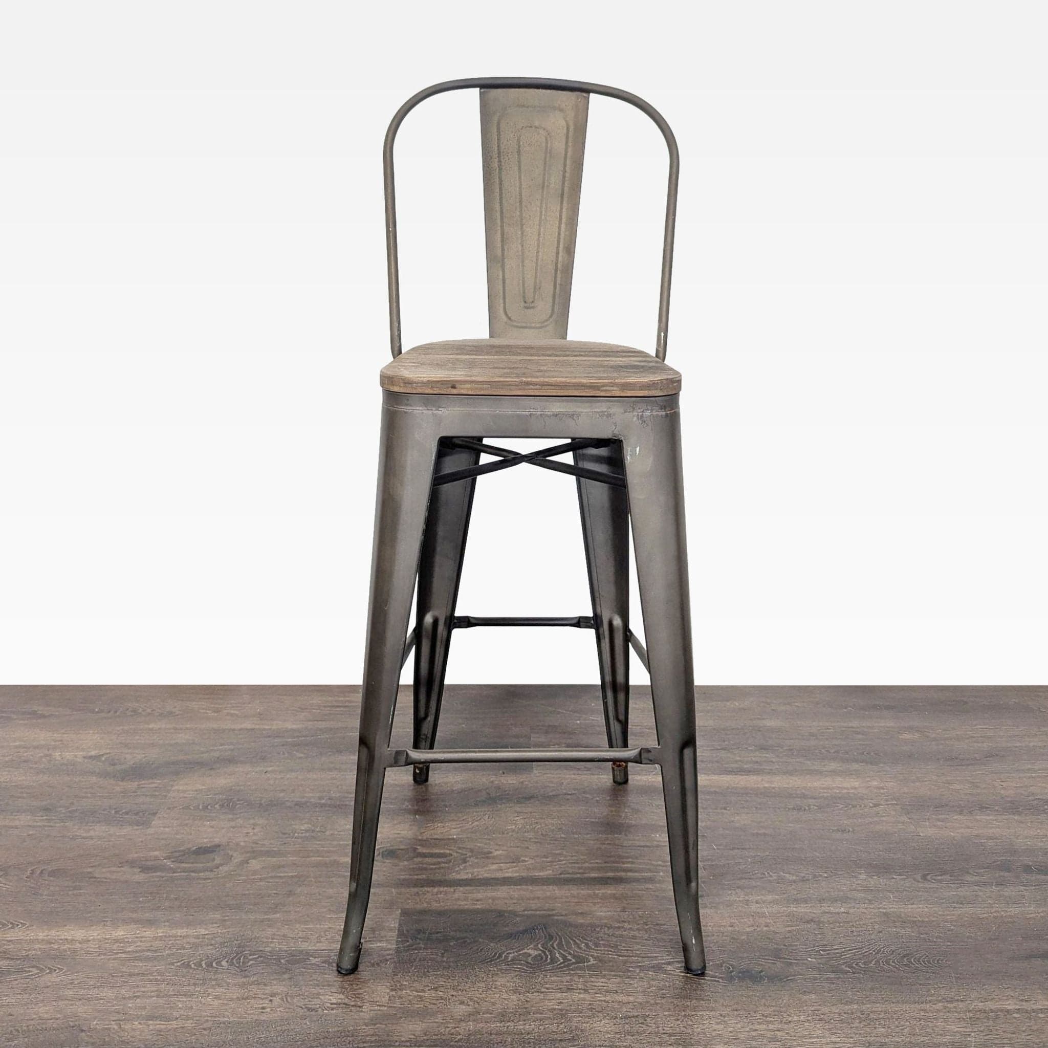 Pair of Metal Bar Stools with Wood Seats - Thumbnail 5