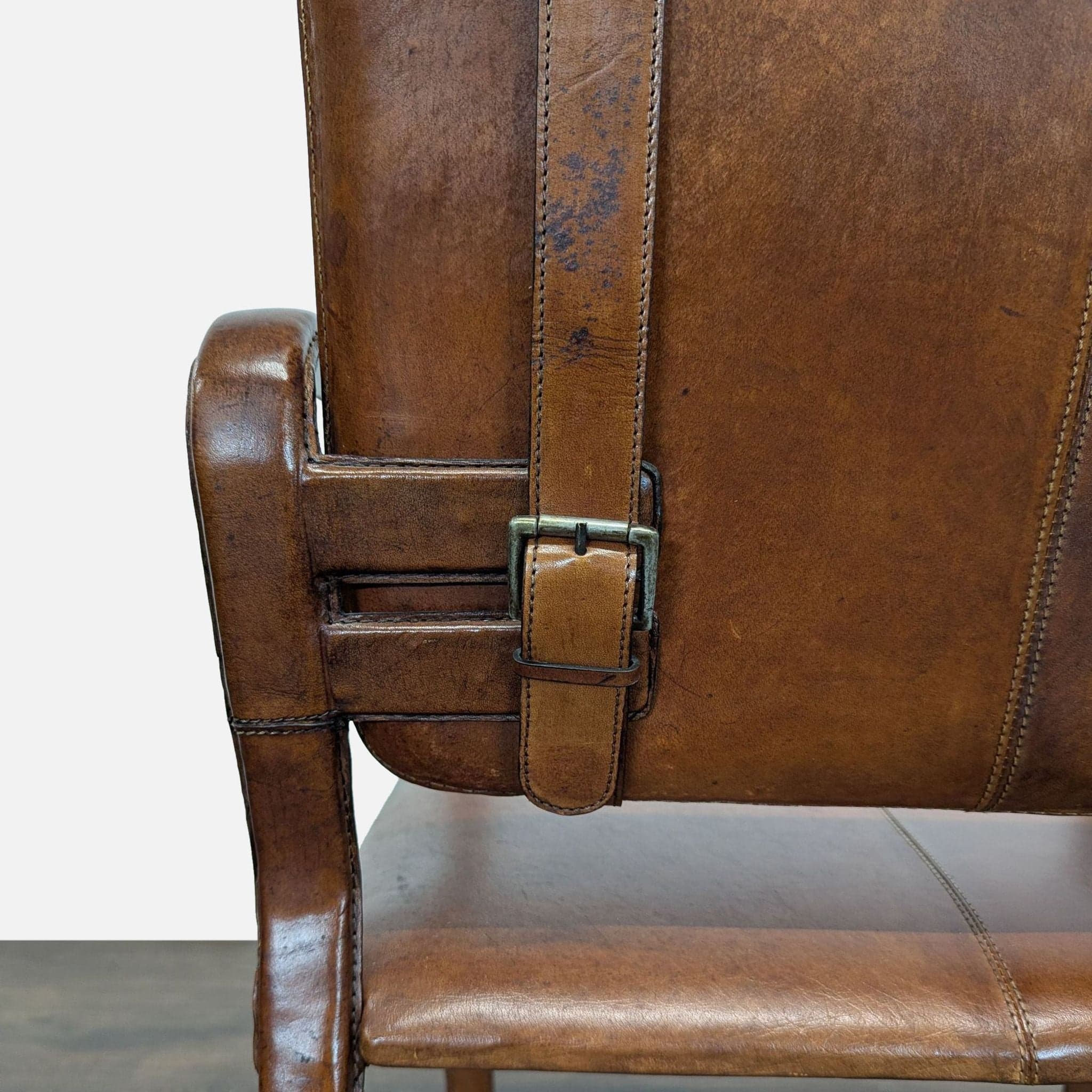 Brown Leather Buckle Lounge Chair with Curved Wooden Frame - Thumbnail 8