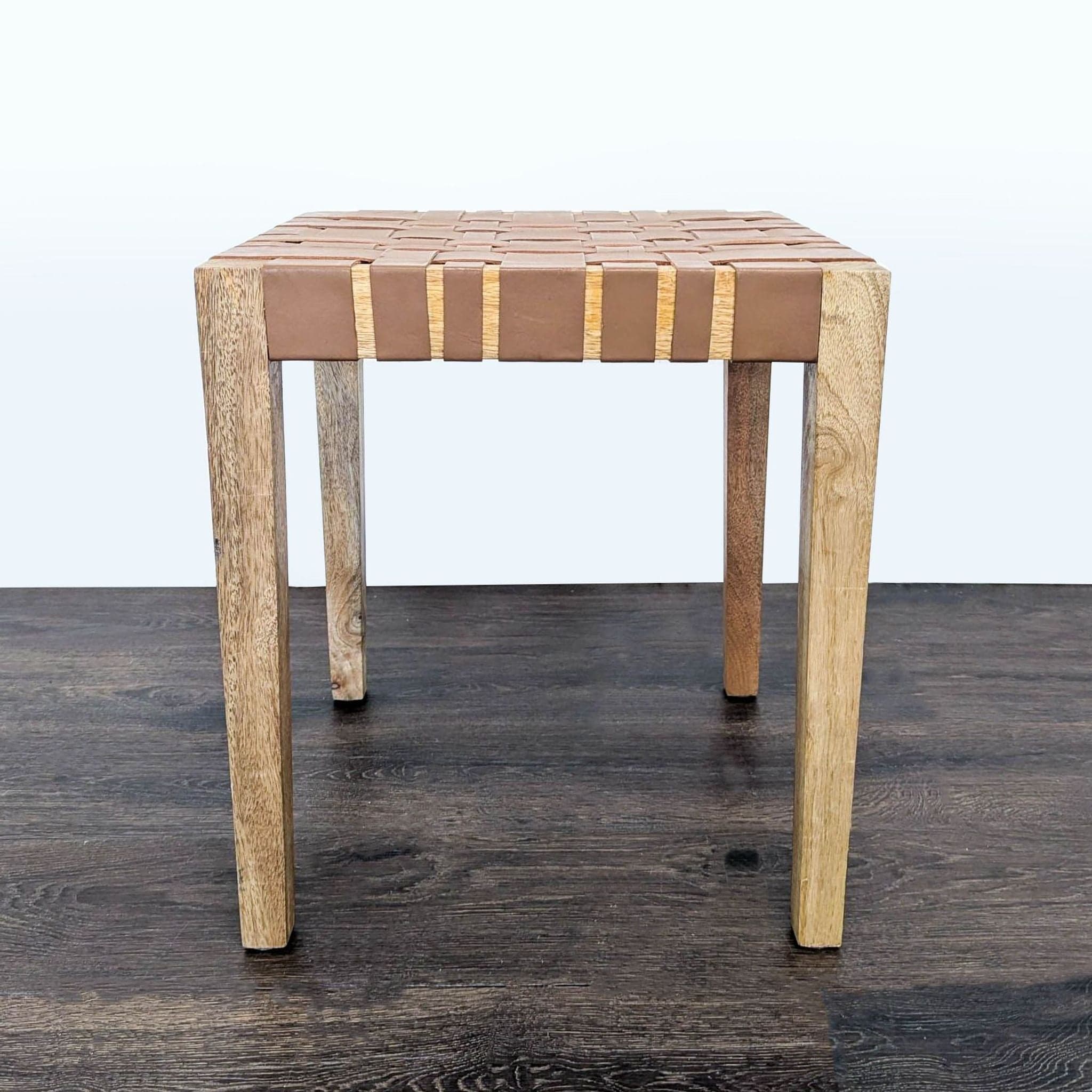 Woven Leather and Wood Stool - Image 1