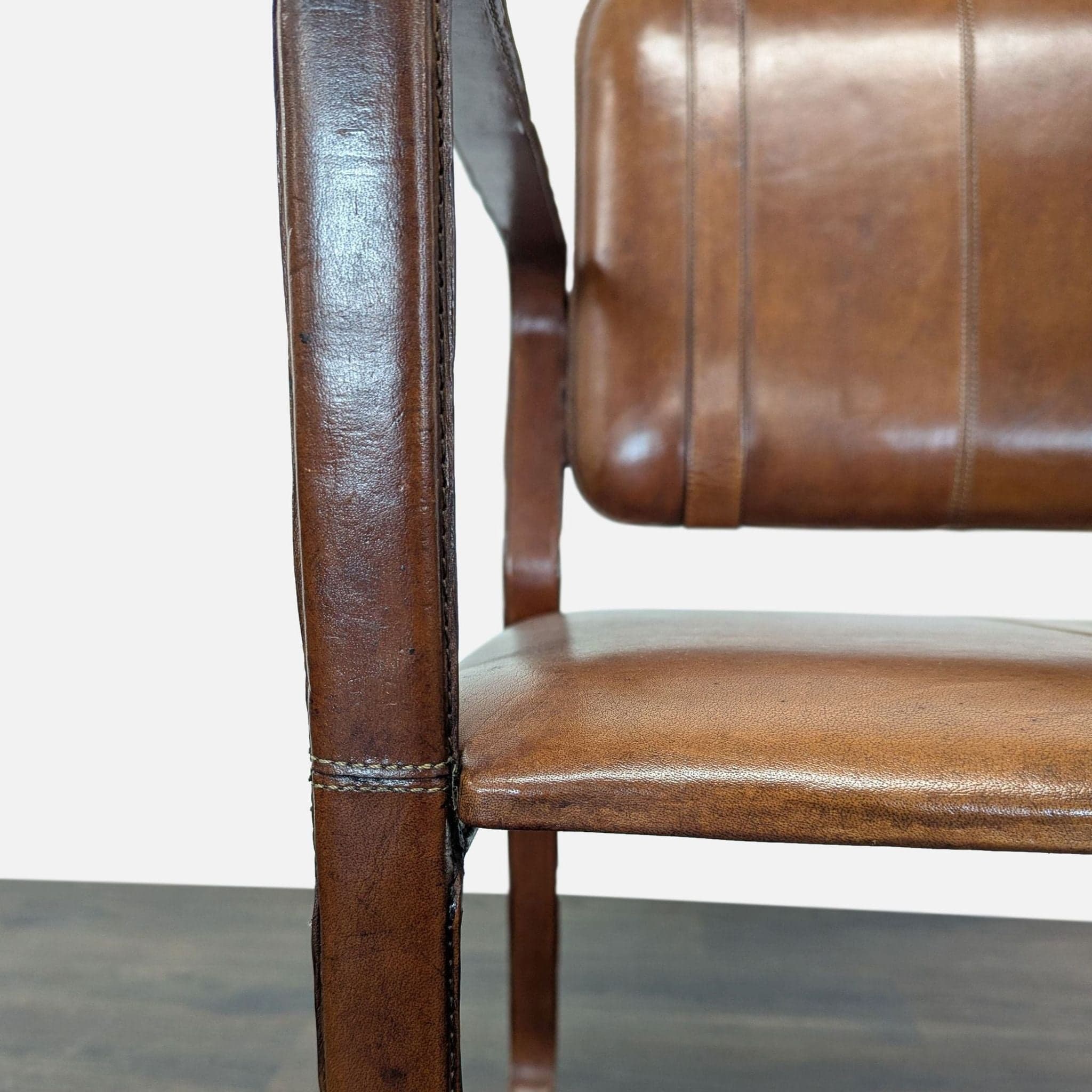 Brown Leather Buckle Lounge Chair with Curved Wooden Frame - Thumbnail 6