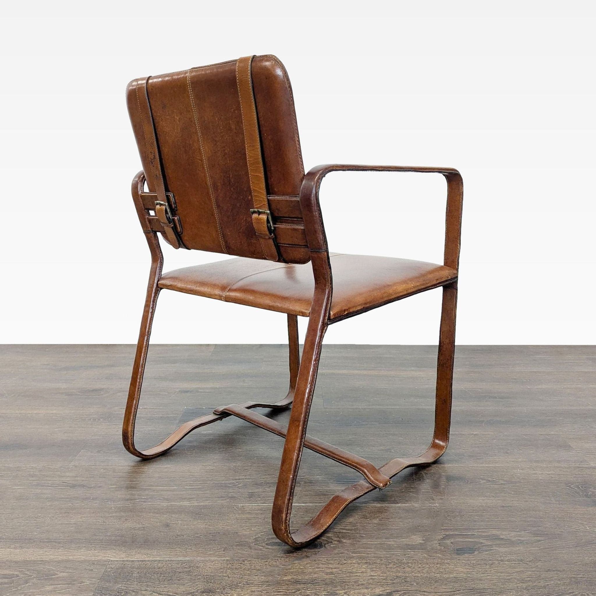 Brown Leather Buckle Lounge Chair with Curved Wooden Frame - Thumbnail 3