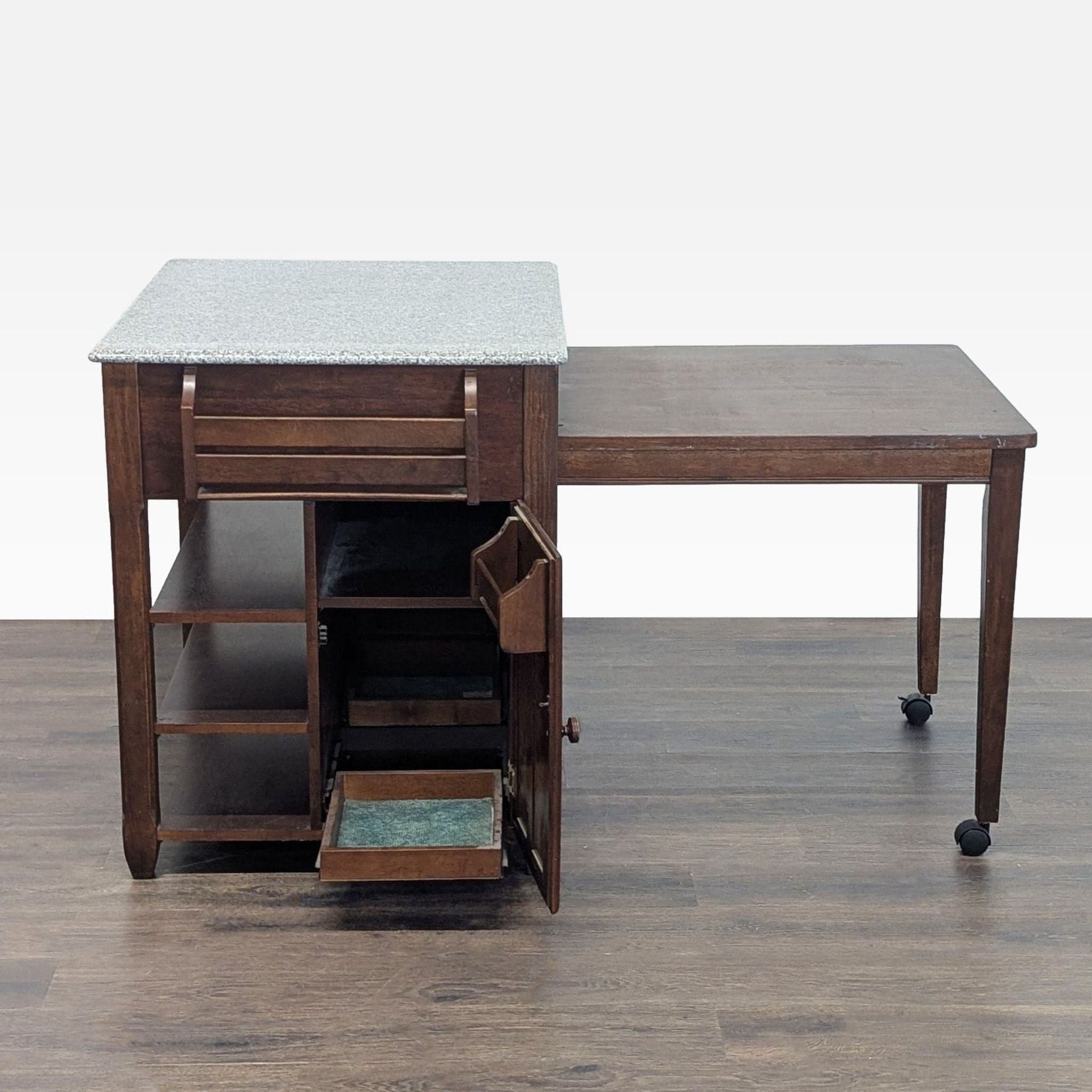 Expandable Wooden Kitchen Island Cart with Granite Top and Storage Shelves - Thumbnail 2