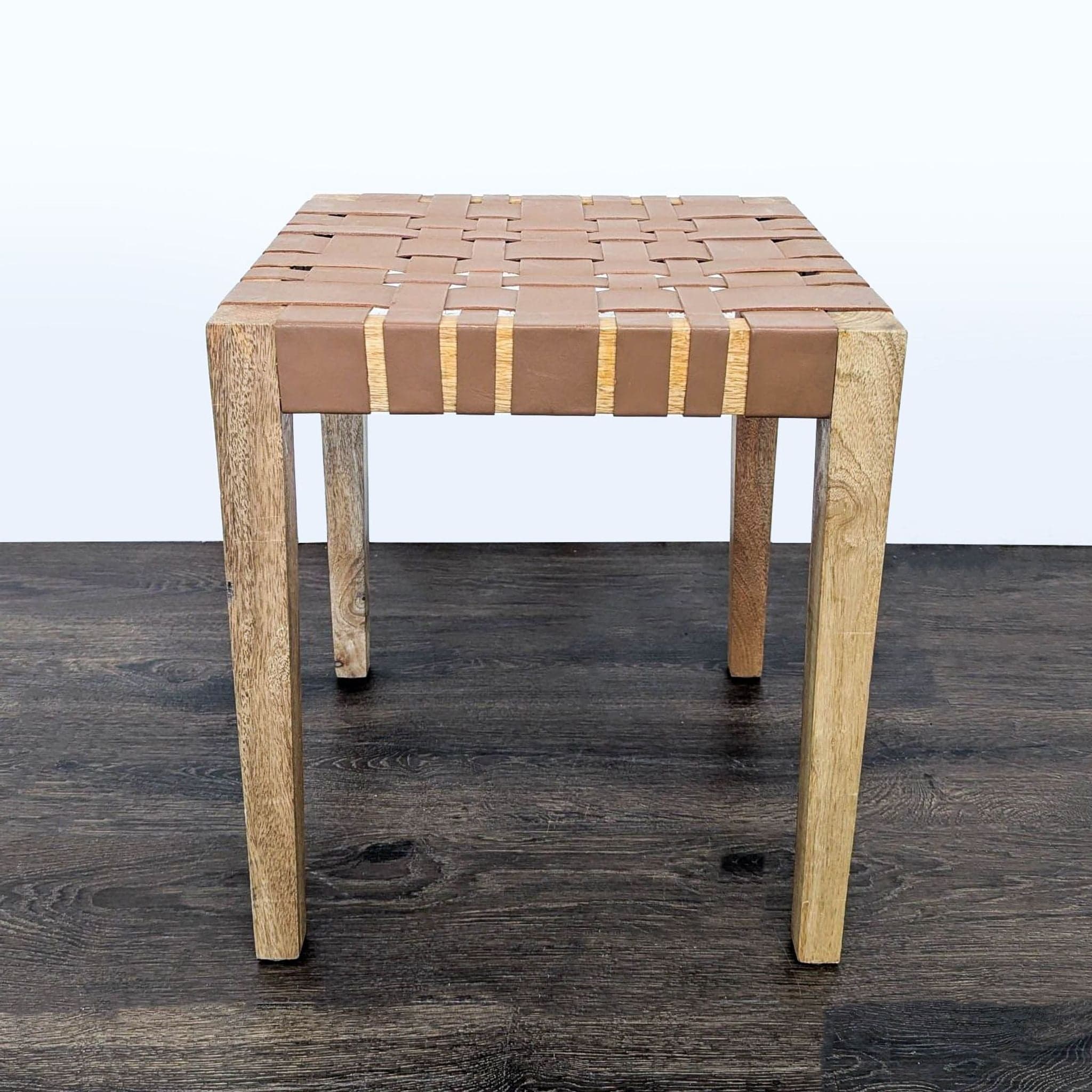 Woven Leather and Wood Stool - Thumbnail 2